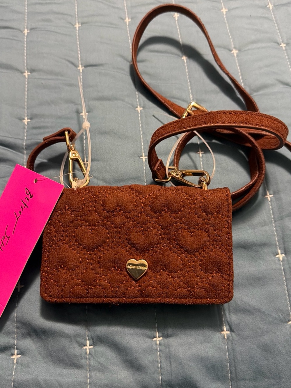 Betsey Johnson Brown Quilted Heart Crossbody Bag with Gold Heart Accent